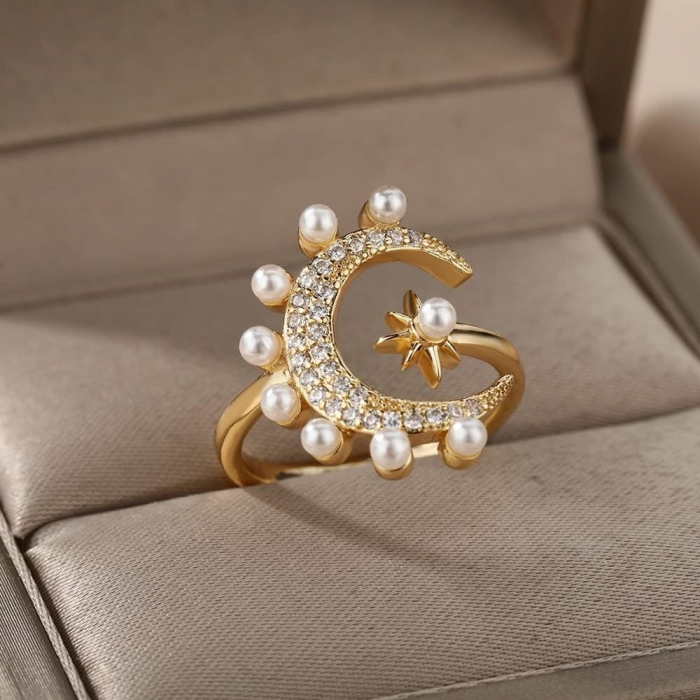 Inel Hermina, auriu, din oțel inoxidabil, cu perle și model semilună, reglabil - Colecția Universe of Pearls [3]