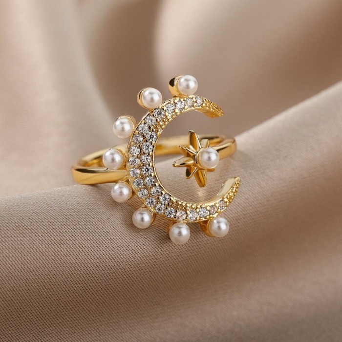Inel Hermina, auriu, din oțel inoxidabil, cu perle și model semilună, reglabil - Colecția Universe of Pearls [4]