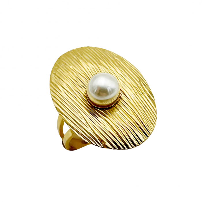 Inel Henrietta, auriu, din oțel inoxidabil, cu perlă, reglabil - Colecția Universe of Pearls [1]