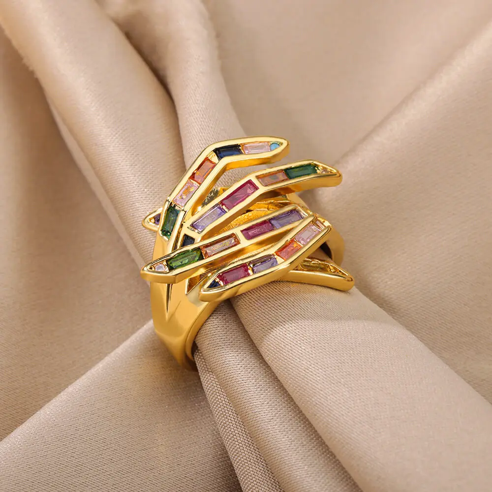 Inel Shea, auriu, din oțel inoxidabil, model abstract geometric, decorat cu zirconiu multicolor, reglabil [3]