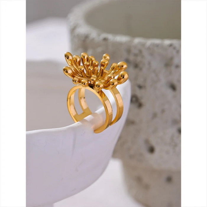 Inel Samira, auriu, din oțel inoxidabil placat cu aur 18K, cu model floral, reglabil [5]