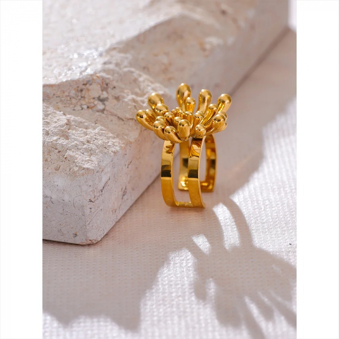 Inel Samira, auriu, din oțel inoxidabil placat cu aur 18K, cu model floral, reglabil [4]