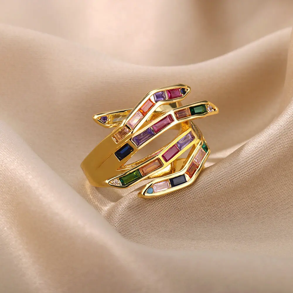 Inel Shea, auriu, din oțel inoxidabil, model abstract geometric, decorat cu zirconiu multicolor, reglabil [5]