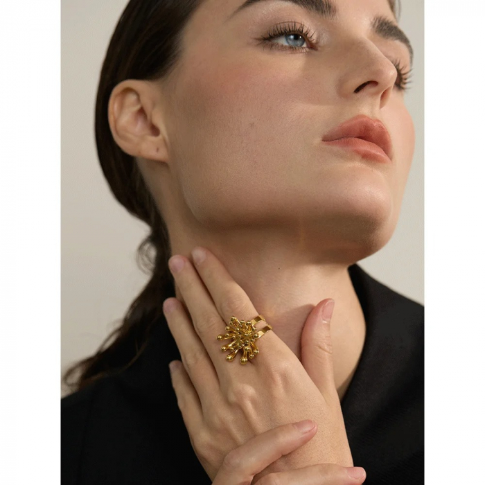 Inel Samira, auriu, din oțel inoxidabil placat cu aur 18K, cu model floral, reglabil [3]