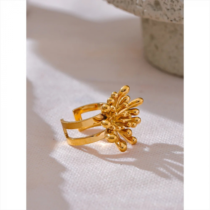 Inel Samira, auriu, din oțel inoxidabil placat cu aur 18K, cu model floral, reglabil [2]