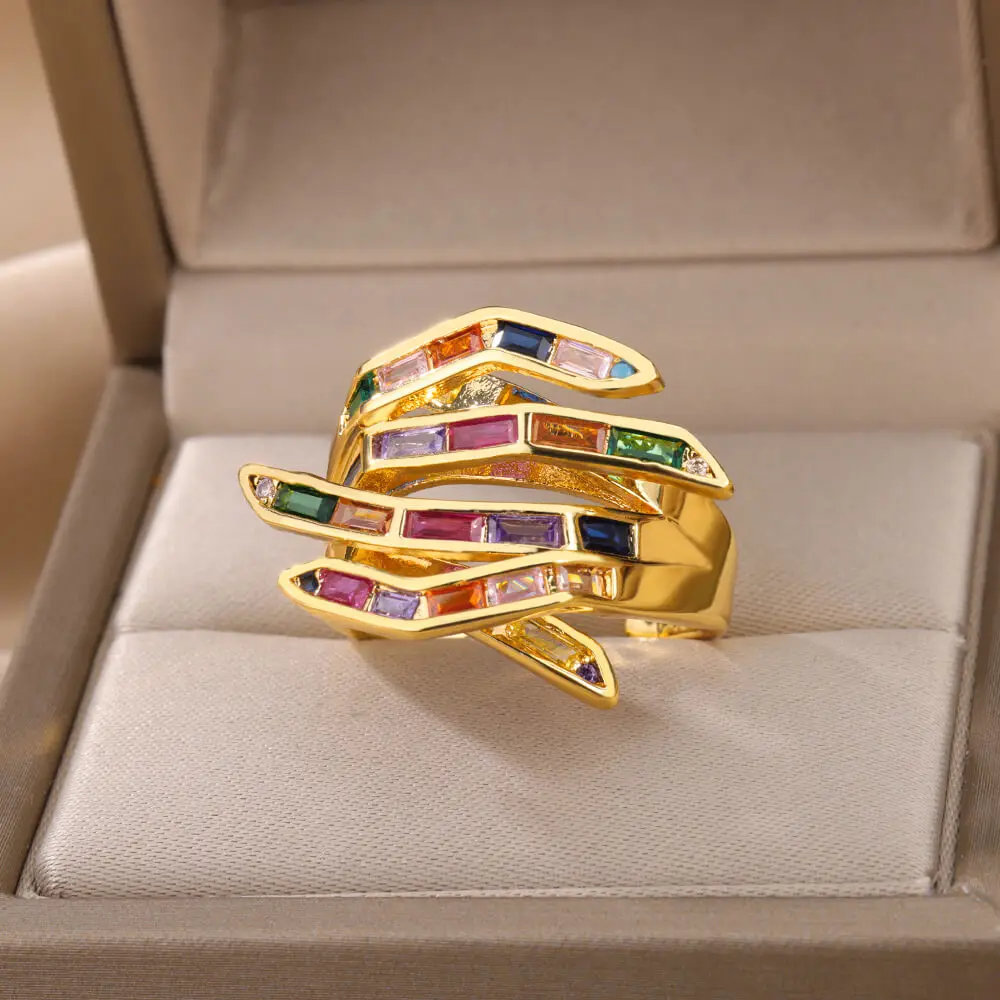 Inel Shea, auriu, din oțel inoxidabil, model abstract geometric, decorat cu zirconiu multicolor, reglabil [6]