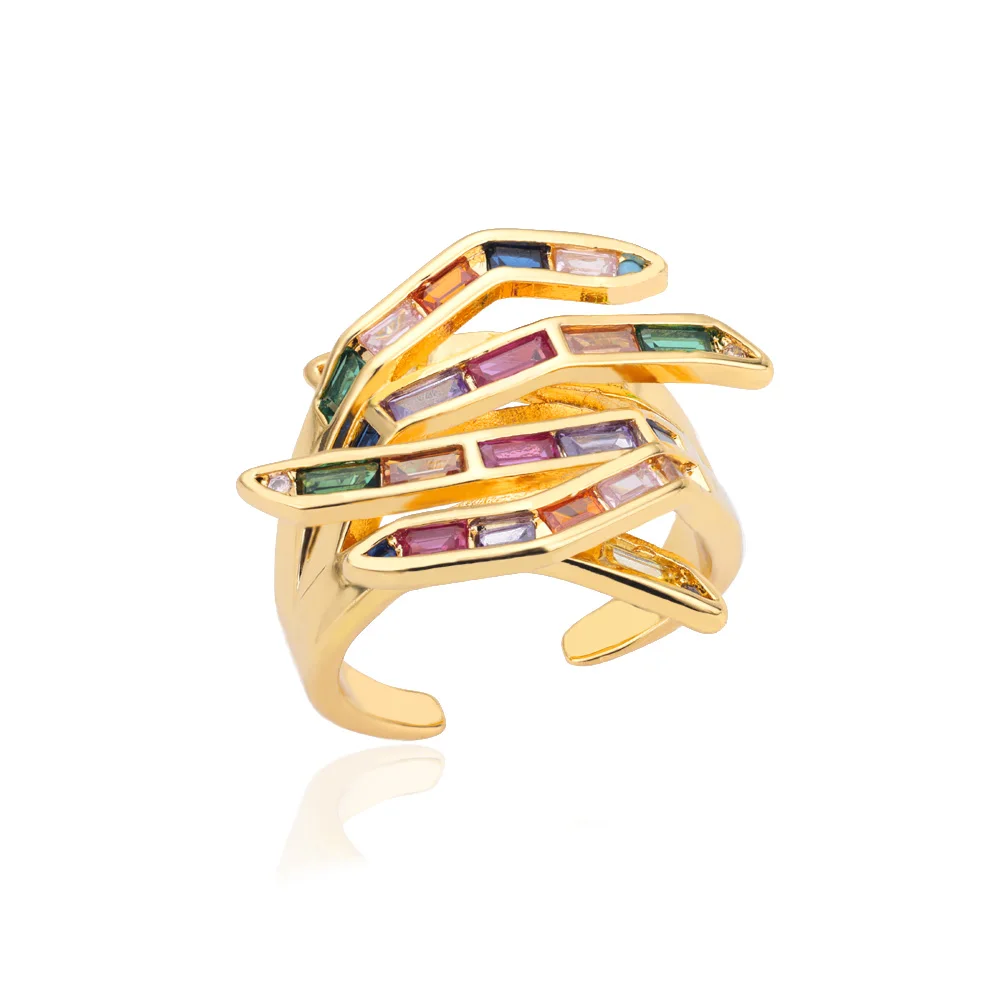 Inel Shea, auriu, din oțel inoxidabil, model abstract geometric, decorat cu zirconiu multicolor, reglabil [1]