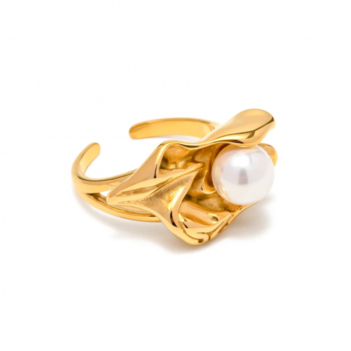 Inel Karina, auriu, din oțel inoxidabil placat cu aur 18K și perlă de cultură, reglabil - Colecția Universe of Pearls [1]