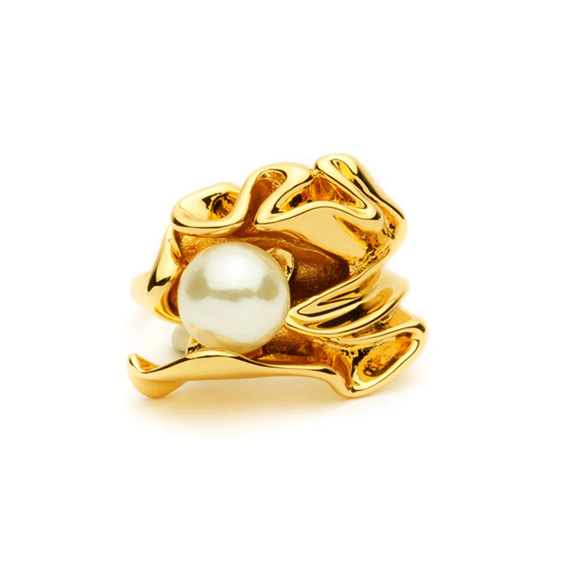 Inel Karina, auriu, din oțel inoxidabil placat cu aur 18K și perlă de cultură, reglabil - Colecția Universe of Pearls [4]