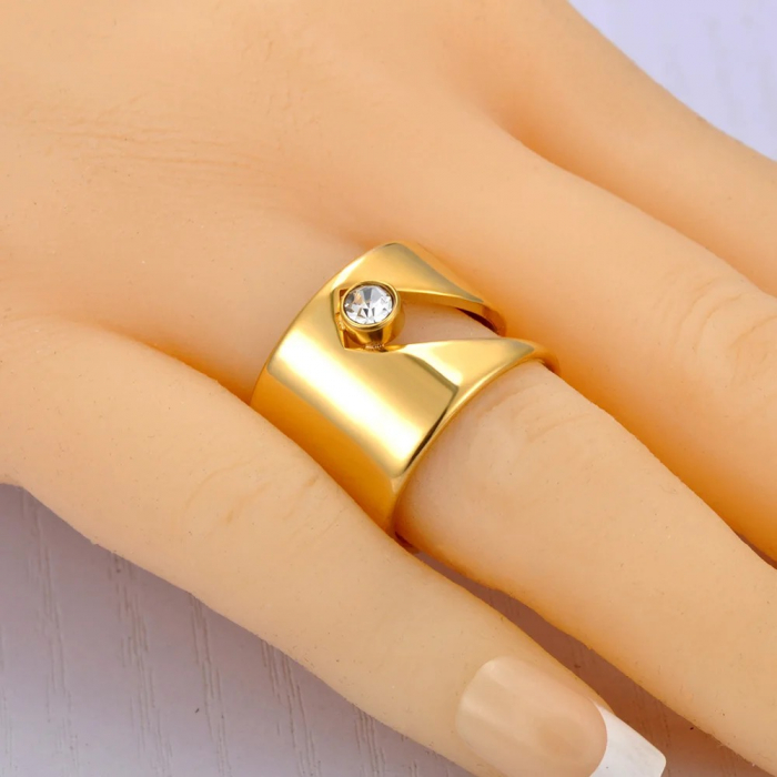 Inel Jadiel, auriu, din oțel inoxidabil placat cu aur 18K, model geometric cu zirconiu - Colecția Parisian [3]