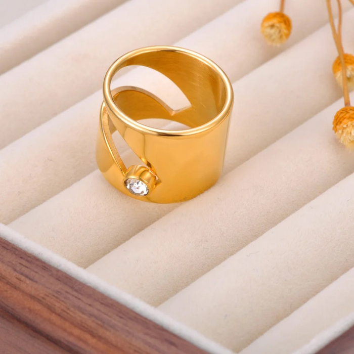 Inel Jadiel, auriu, din oțel inoxidabil placat cu aur 18K, model geometric cu zirconiu - Colecția Parisian [2]