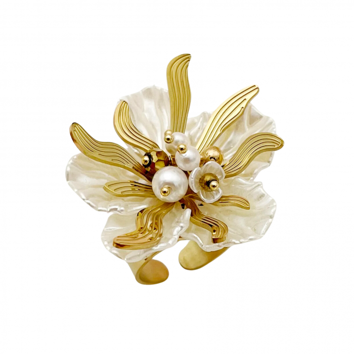 Inel Patsy, auriu, din oțel inoxidabil, model floral cu perle, reglabil - Colecția Universe of Pearls [1]