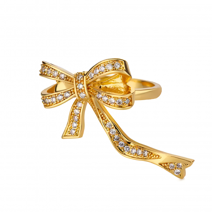 Inel Golden Bow, auriu, din oțel inoxidabil, în formă de fundă, cu zirconiu, reglabil [1]