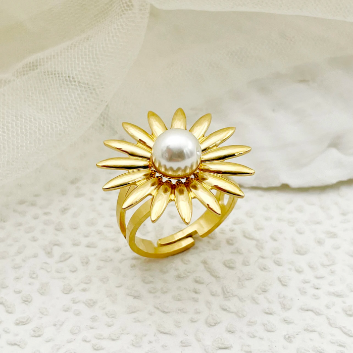 Inel India, auriu, din oțel inoxidabil, cu perlă și model floral, reglabil - Colecția Universe of Pearls [5]