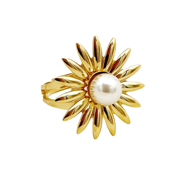 Inel India, auriu, din oțel inoxidabil, cu perlă și model floral, reglabil - Colecția Universe of Pearls [1]
