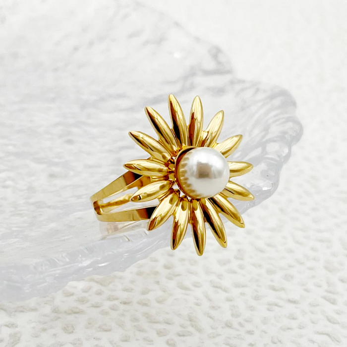 Inel India, auriu, din oțel inoxidabil, cu perlă și model floral, reglabil - Colecția Universe of Pearls [3]