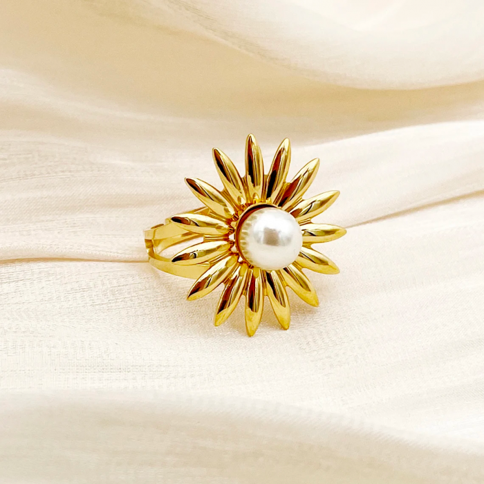 Inel India, auriu, din oțel inoxidabil, cu perlă și model floral, reglabil - Colecția Universe of Pearls [4]