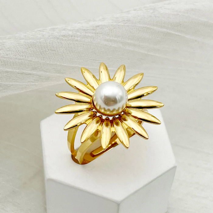 Inel India, auriu, din oțel inoxidabil, cu perlă și model floral, reglabil - Colecția Universe of Pearls [2]
