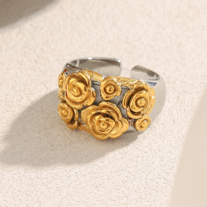 Inel Rosalin, mix auriu cu argintiu, cu model floral, din oțel inoxidabil placat cu aur 18K, reglabil [3]