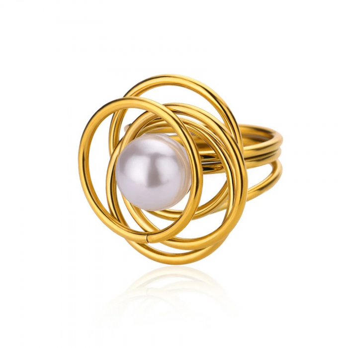 Inel Sally, auriu, cu perlă și model abstract, din oțel inoxidabil - Colecția Universe of Pearls [1]