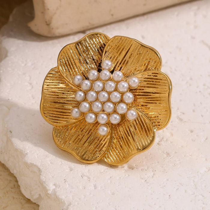 Inel Erie, auriu, în formă de floare, cu perle, din oțel inoxidabil placat cu aur 18K - Colecția Universe of Pearls [2]