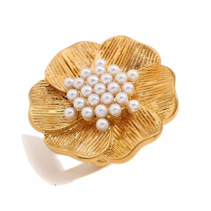 Inel Erie, auriu, în formă de floare, cu perle, din oțel inoxidabil placat cu aur 18K - Colecția Universe of Pearls [1]