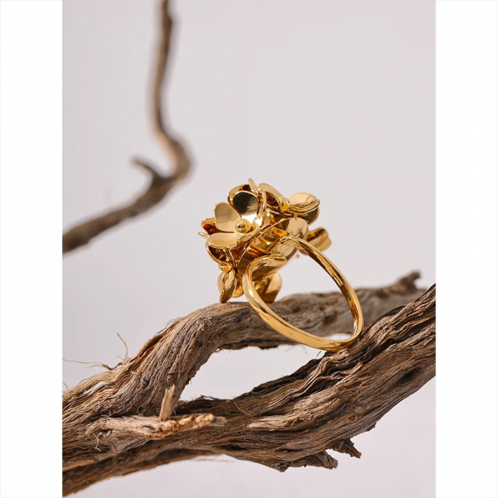 Inel Zoya, auriu, din oțel inoxidabil placat cu aur 18K, cu model floral, reglabil [6]