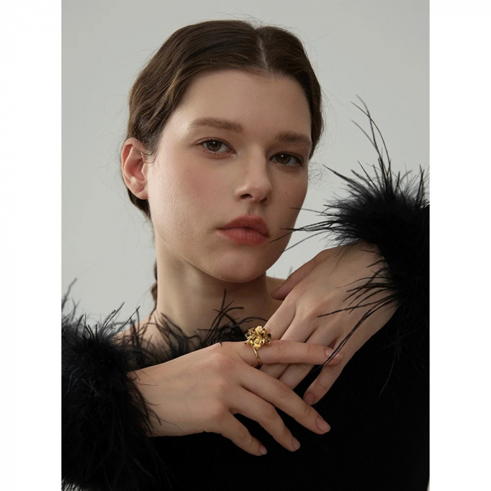 Inel Zoya, auriu, din oțel inoxidabil placat cu aur 18K, cu model floral, reglabil [4]