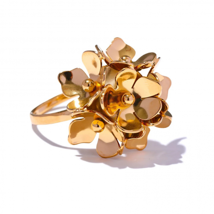 Inel Zoya, auriu, din oțel inoxidabil placat cu aur 18K, cu model floral, reglabil [1]