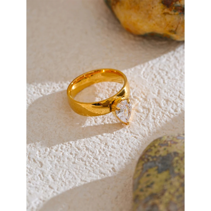 Inel Selia, auriu, tip verigheta, cu piatra, din oțel inoxidabil placat cu aur 18K [2]