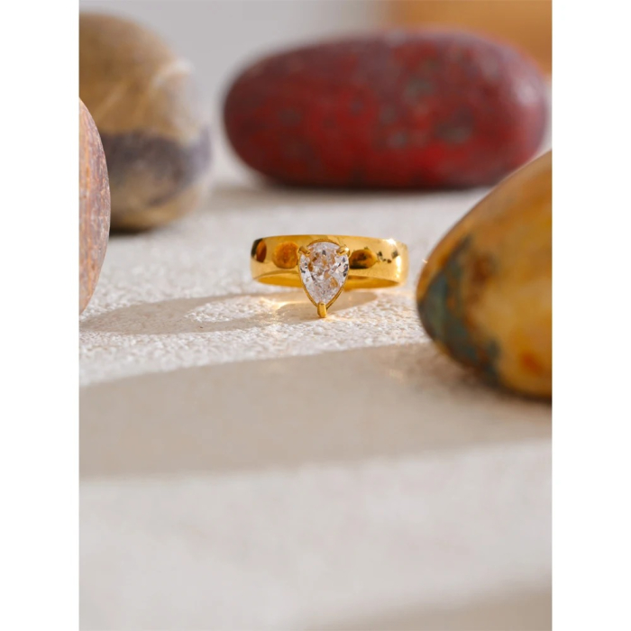 Inel Selia, auriu, tip verigheta, cu piatra, din oțel inoxidabil placat cu aur 18K [3]