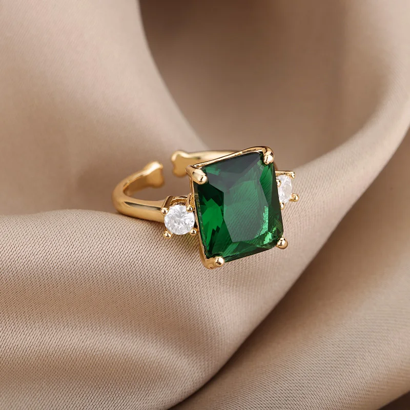 Inel Cassie, auriu, din oțel inoxidabil, decorat cu piatră verde de zirconiu, reglabil [3]