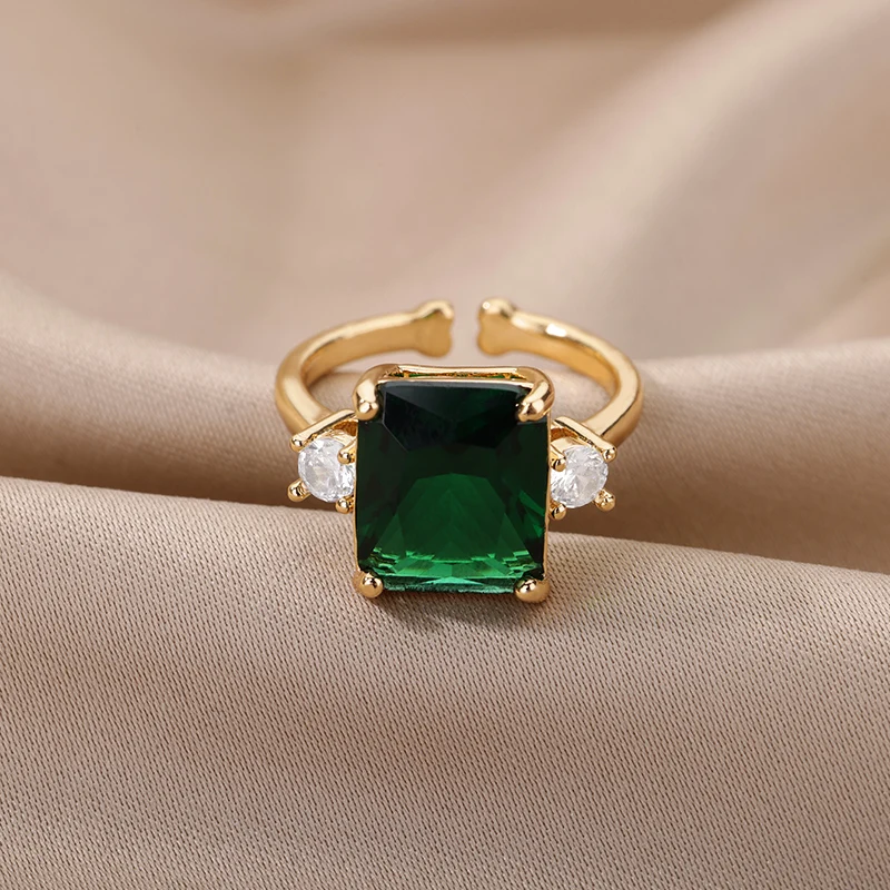 Inel Cassie, auriu, din oțel inoxidabil, decorat cu piatră verde de zirconiu, reglabil [4]