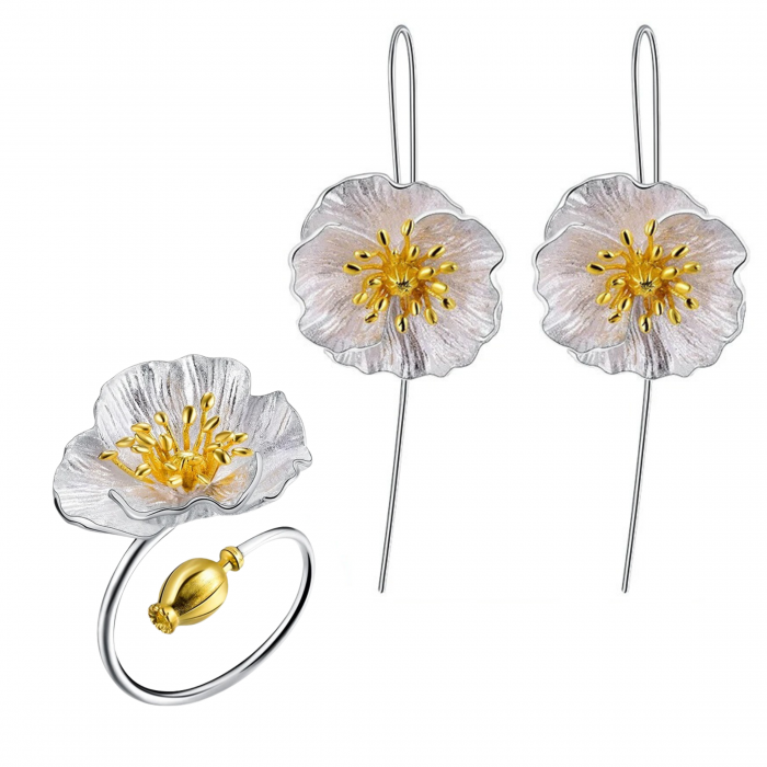 Set Bloom, inel și cercei, din argint placat cu aur 18K, cu model floral - Colecția Metamorphosis [1]