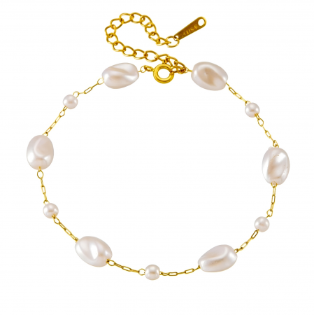 BIJUTERII OȚEL INOXIDABIL - Brățară Alisha, aurie, cu perle, din oțel inoxidabil, reglabilă - Colecția Universe of Pearls