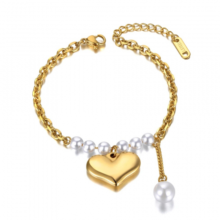 BIJUTERII OȚEL INOXIDABIL - Brățară Bellamy, aurie, cu perle, din oțel inoxidabil placat cu aur 18K, cu talisman inimă - Colecția Parisian