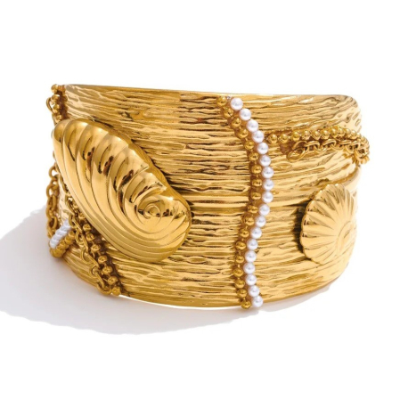 BRĂȚĂRI - Brățară Leslie, statement, cu model oceanic si perle, din oțel inoxidabil placat cu aur 18K