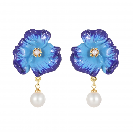 Fable - Cercei Orchid, cu perle, placați cu aur 18K, din email pictat manual - Colecția Fable