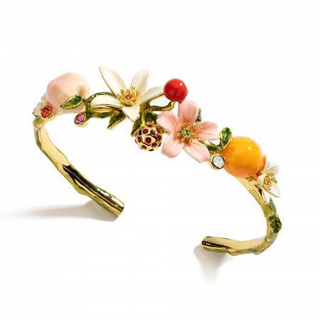 Fable - Brățară Cherry, placată cu aur 18K, din email pictat manual, model flori și fructe, reglabilă - Colecția Fable
