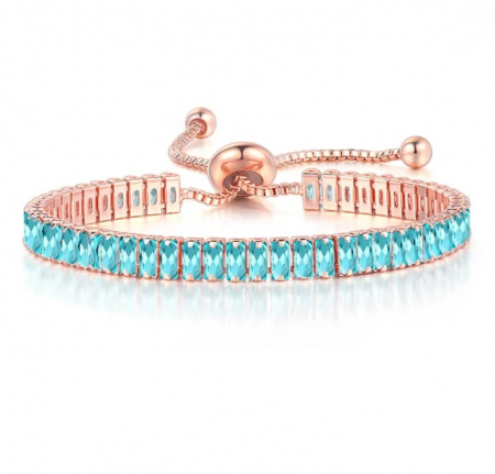 LICHIDARE DE STOC - Brățară tennis Reese, auriu rose, cu pietre bleu dreptunghiulare de zirconiu, reglabilă