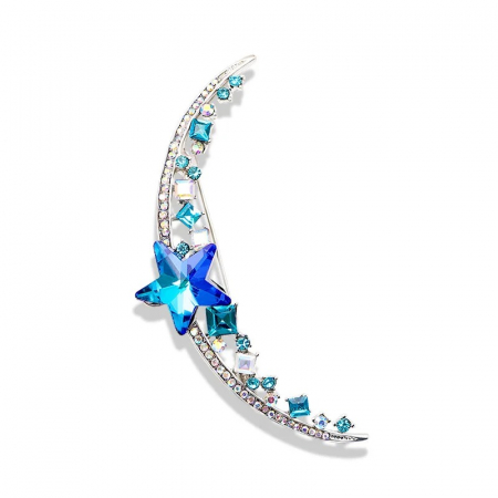 BROȘE - Broșă Moon Star, albastră, cu montură argintie, decorată cu zirconiu
