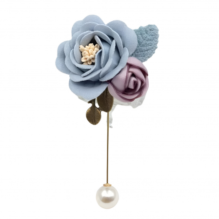 BROȘE - Broșă Rayme, bleu cu roz, handmade, din material textil, cu perle și model floral