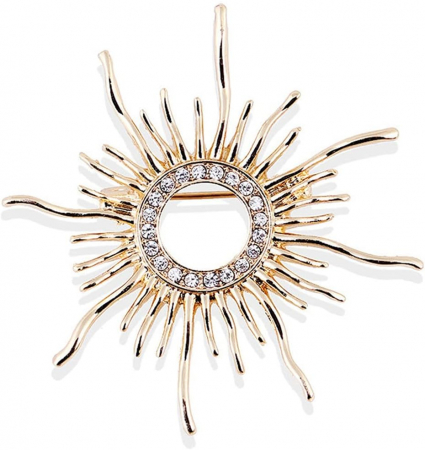 BIJUTERII - Broșă Sunburst, aurie, în formă de soare, decorată cu zirconiu