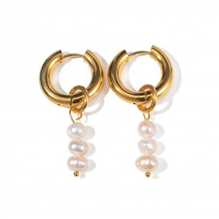 BIJUTERII OȚEL INOXIDABIL - Cercei Gaia, aurii, lungi, din oțel inoxidabil și perle naturale de cultură, placați cu aur 18K - Colecția Universe of Pearls