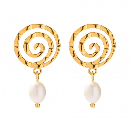 BIJUTERII OȚEL INOXIDABIL - Cercei Lisa, aurii, cu model spirală, din oțel inoxidabil și perle naturale de cultură, placați cu aur 18K - Colecția Universe of Pearls