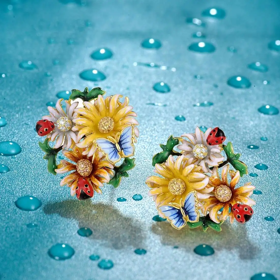 Cercei Alicia, multicolori, din email pictat manual, model flori și fluturi - Colecția Fable [2]