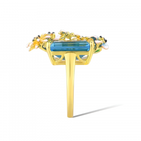 Inel Annelise, din zirconiu și email pictat manual, placat cu aur 18K, cu model flori și fluturi - Colecția Fable [2]
