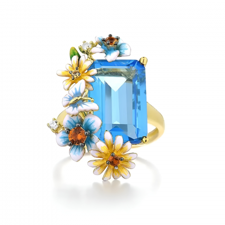 Inel Annelise, din zirconiu și email pictat manual, placat cu aur 18K, cu model flori și fluturi - Colecția Fable [1]