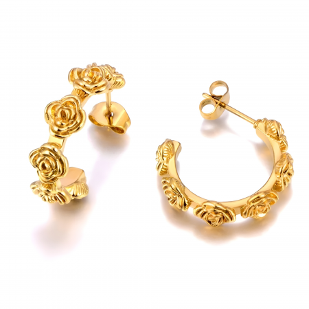 BIJUTERII OȚEL INOXIDABIL - Cercei Frances, rotunzi, aurii, din oțel inoxidabil placat cu aur 18K, cu model floral - Colecția Parisian
