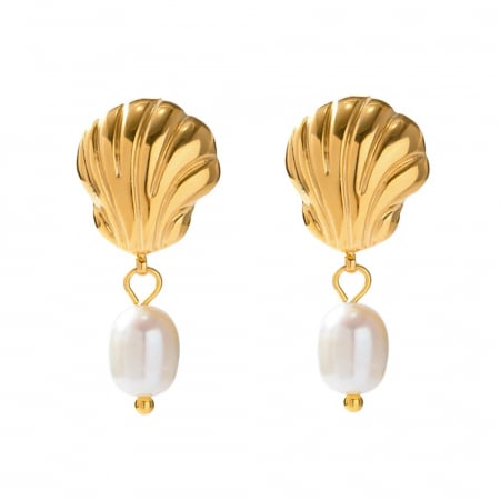 BIJUTERII OȚEL INOXIDABIL - Cercei Davina, aurii, din oțel inoxidabil și perle naturale de cultură, placați cu aur 18K, model scoică - Colecția Universe of Pearls